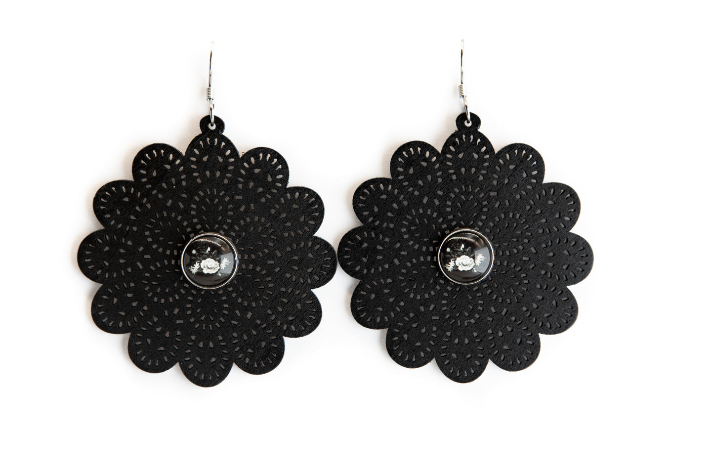 Black Floral Wooden Earrings