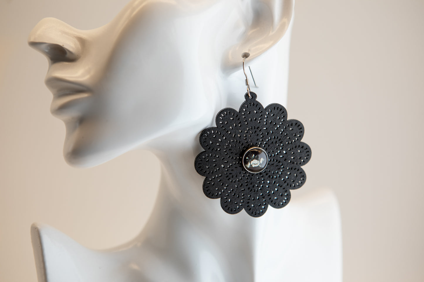 Black Floral Wooden Earrings