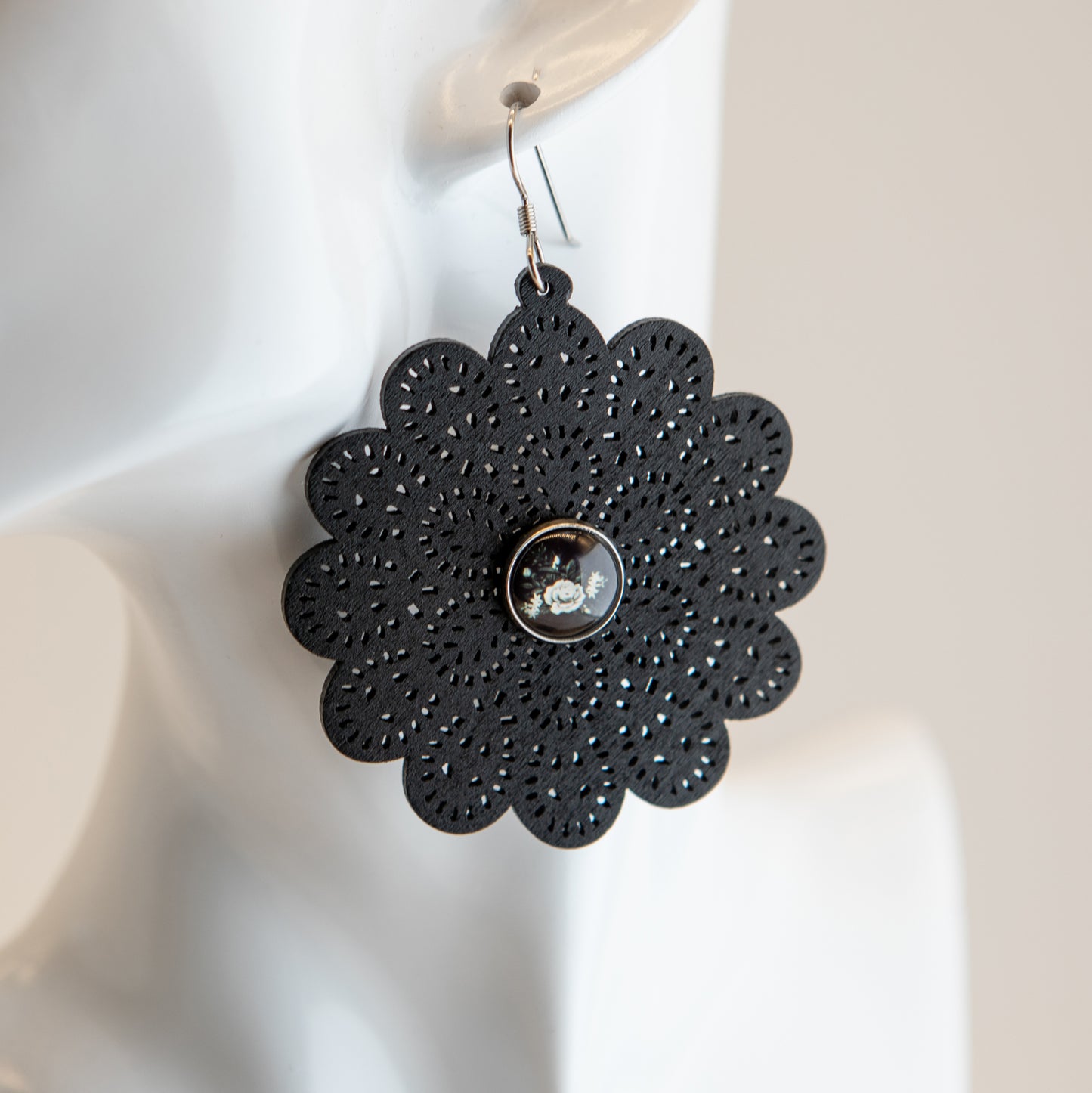 Black Floral Wooden Earrings