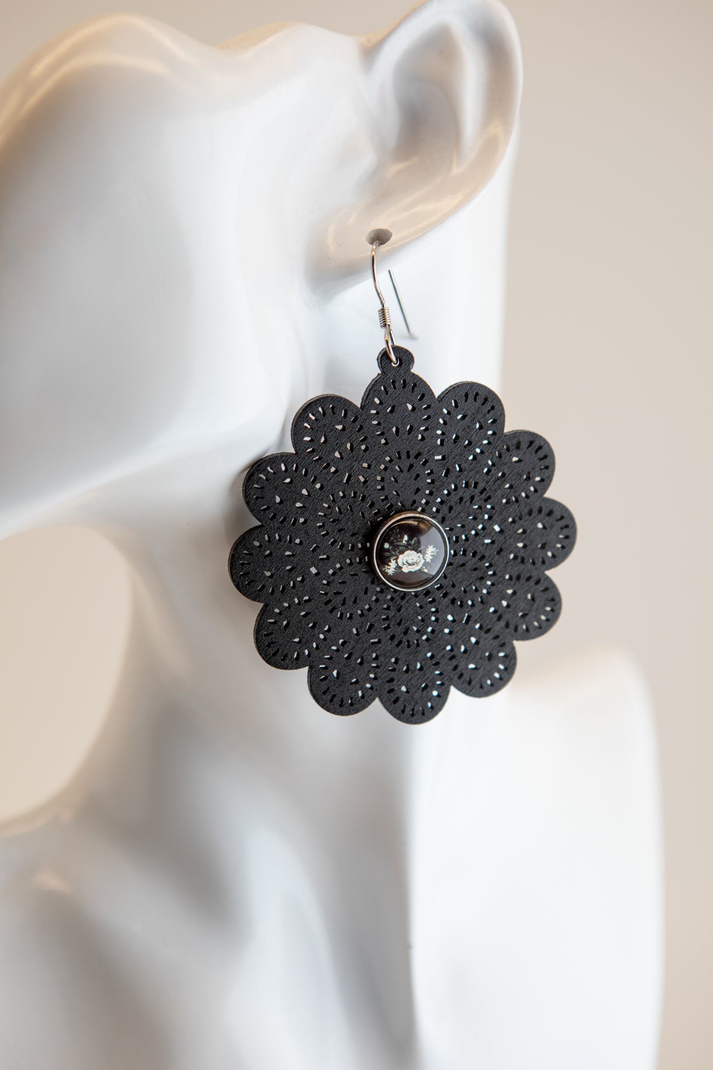 Black Floral Wooden Earrings